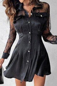 Czarna sukienka IVET w stylu casual z dekoltem w kształcie litery v koszulowa