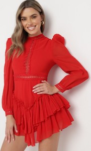 Czerwona sukienka born2be mini z długim rękawem