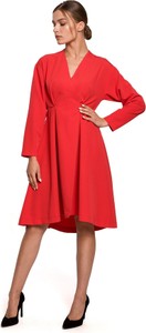 Czerwona sukienka Style z tkaniny z dekoltem w kształcie litery v z długim rękawem