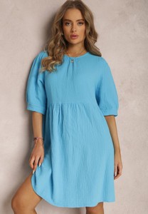 Niebieska sukienka Renee z długim rękawem w stylu casual z okrągłym dekoltem