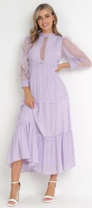 Fioletowa sukienka born2be w stylu casual z okrągłym dekoltem z długim rękawem