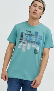 Niebieski t-shirt Tom Tailor z nadrukiem w młodzieżowym stylu z krótkim rękawem