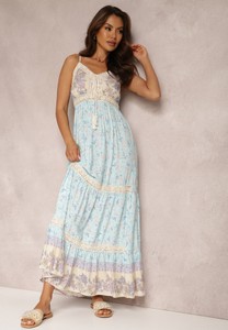 Niebieska sukienka Renee z tkaniny z dekoltem w kształcie litery v w stylu boho