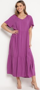 Fioletowa sukienka born2be maxi trapezowa z dekoltem w kształcie litery v