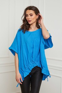 Niebieska bluzka Joséfine z okrągłym dekoltem w stylu casual z lnu