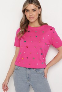 Różowy t-shirt born2be z okrągłym dekoltem z krótkim rękawem w stylu casual