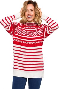 Czerwony sweter MOE w stylu casual w bożonarodzeniowy wzór