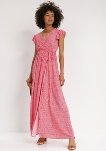 Różowa sukienka born2be z krótkim rękawem z dekoltem w kształcie litery v