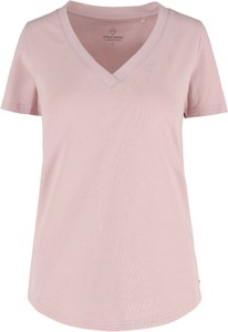 Różowy t-shirt volcano.pl z dekoltem w kształcie litery v z krótkim rękawem