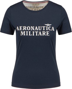 Granatowy t-shirt Aeronautica Militare z okrągłym dekoltem z krótkim rękawem w militarnym stylu