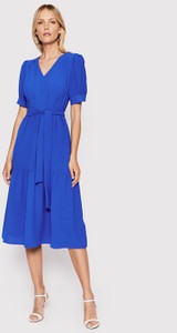 Niebieska sukienka DKNY z krótkim rękawem midi z dekoltem w kształcie litery v