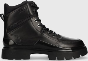 Czarne buty zimowe Hugo Boss ze skóry sznurowane w stylu casual