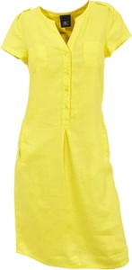 Żółta sukienka Heine z krótkim rękawem z lnu z dekoltem w kształcie litery v