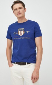 Granatowy t-shirt Gant z nadrukiem z bawełny z krótkim rękawem