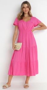 Różowa sukienka born2be z krótkim rękawem midi z dekoltem w kształcie litery v