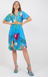 Niebieska sukienka ITALY MODA z krótkim rękawem z dekoltem w kształcie litery v midi