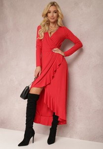 Czerwona sukienka Renee z długim rękawem maxi asymetryczna