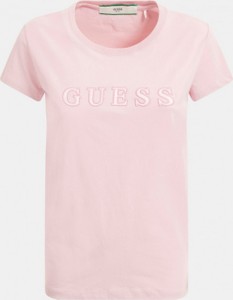 Różowa bluzka Guess z okrągłym dekoltem z bawełny w młodzieżowym stylu