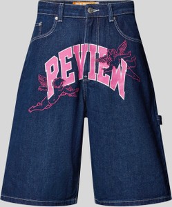 Granatowe spodenki Review z nadrukiem z jeansu w młodzieżowym stylu
