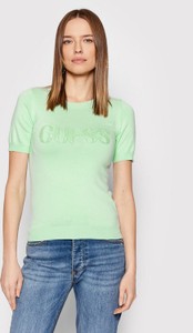 Zielony t-shirt Guess z okrągłym dekoltem w młodzieżowym stylu
