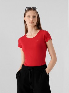 Czerwony t-shirt 4F z krótkim rękawem z bawełny z okrągłym dekoltem
