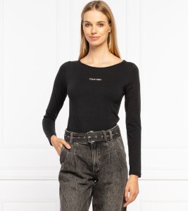 Czarna bluzka Calvin Klein z długim rękawem w stylu casual z okrągłym dekoltem