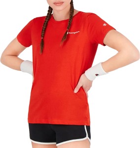 Czerwony t-shirt Champion z okrągłym dekoltem z krótkim rękawem z bawełny
