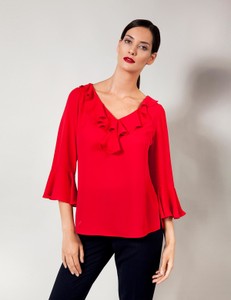 Czerwona bluzka Molton z dekoltem w kształcie litery v w stylu casual z długim rękawem