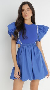 Niebieska sukienka born2be bombka z krótkim rękawem w stylu klasycznym