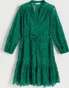 Zielona sukienka Reserved z długim rękawem mini z dekoltem w kształcie litery v