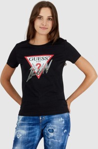 Czarna bluzka Guess z okrągłym dekoltem z krótkim rękawem w młodzieżowym stylu