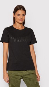 Czarny t-shirt Aeronautica Militare z krótkim rękawem w młodzieżowym stylu z okrągłym dekoltem