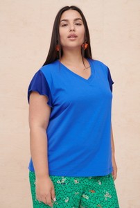 Niebieska bluzka Blue Shadow w stylu casual z dekoltem w kształcie litery v z krótkim rękawem