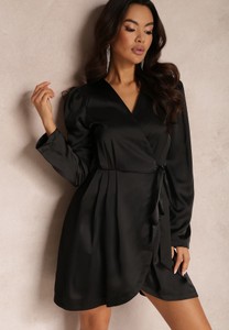 Czarna sukienka Renee w stylu casual z długim rękawem z dekoltem w kształcie litery v