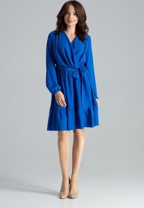 Niebieska sukienka LENITIF z dekoltem w kształcie litery v z długim rękawem