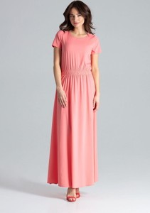 Różowa sukienka LENITIF z krótkim rękawem z okrągłym dekoltem