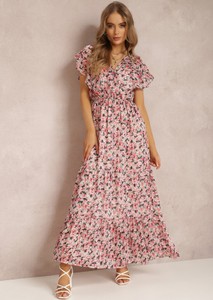 Różowa sukienka Renee z krótkim rękawem maxi z tkaniny
