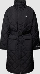 Czarny płaszcz Calvin Klein w stylu casual z kapturem taliowana