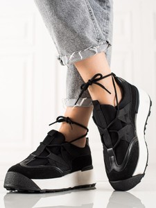 Czarne buty sportowe Czasnabuty na platformie w sportowym stylu sznurowane
