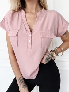 Różowa bluzka Olika z dekoltem w kształcie litery v w stylu casual z krótkim rękawem