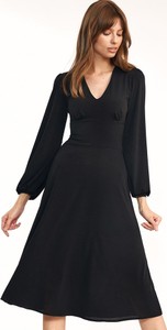 Czarna sukienka Nife z długim rękawem midi w stylu klasycznym