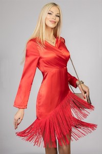 Czerwona sukienka IVET z długim rękawem w stylu boho z dekoltem w kształcie litery v