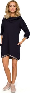 Granatowa sukienka MOE z bawełny z długim rękawem z okrągłym dekoltem