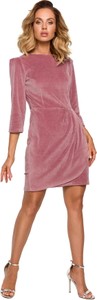 Różowa sukienka MOE z tkaniny z długim rękawem z okrągłym dekoltem