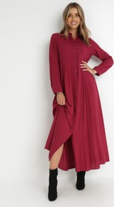 Czerwona sukienka born2be w stylu klasycznym szmizjerka z długim rękawem