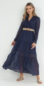 Granatowa sukienka born2be maxi z dekoltem w kształcie litery v z długim rękawem