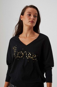Czarna bluzka Moodo.pl z bawełny z dekoltem w kształcie litery v z długim rękawem