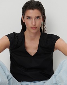 Czarna bluzka Reserved z bawełny z dekoltem w kształcie litery v w stylu casual