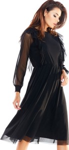 Czarna sukienka Awama z długim rękawem z tiulu z okrągłym dekoltem