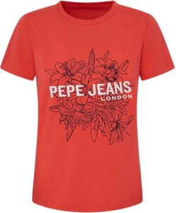 Czerwony t-shirt Pepe Jeans w młodzieżowym stylu z bawełny z okrągłym dekoltem